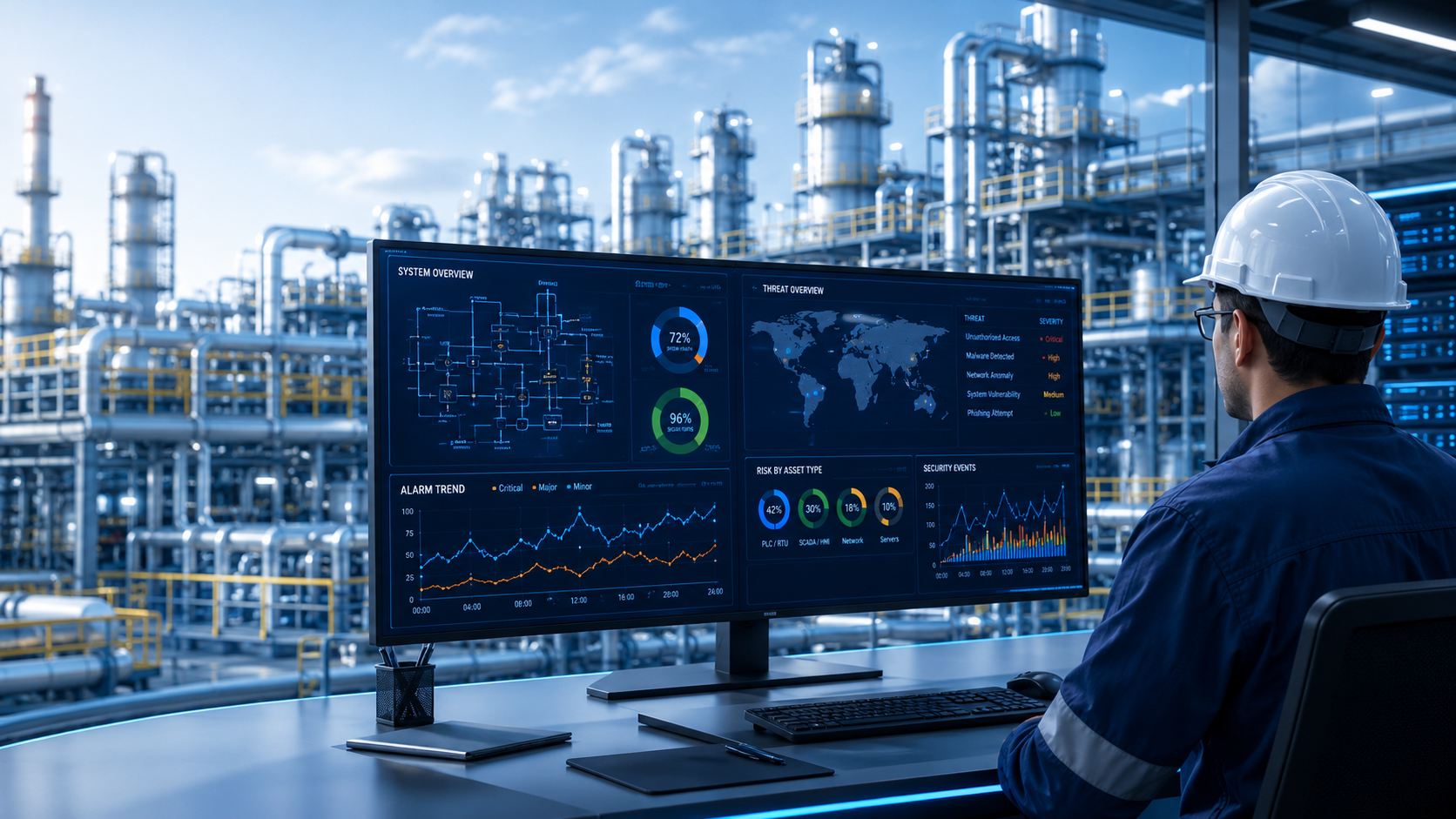 Cybersecurity analysts reviewing IT-OT network monitoring dashboards