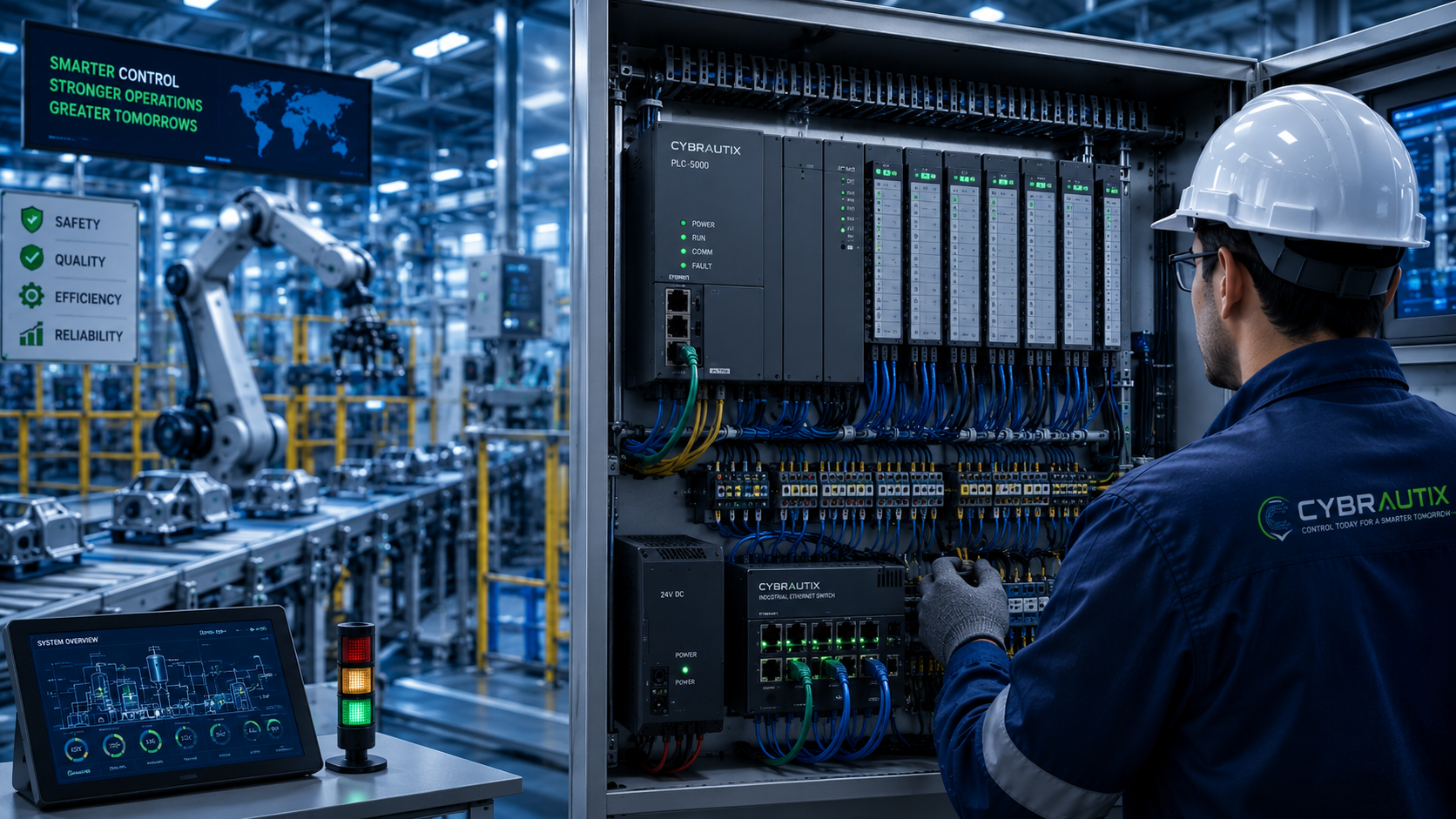 Cybrautix engineer installing and wiring a PLC control panel