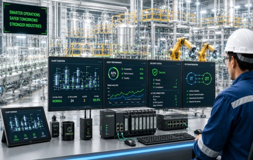 Industrial control room with engineers monitoring OT systems and SCADA displays