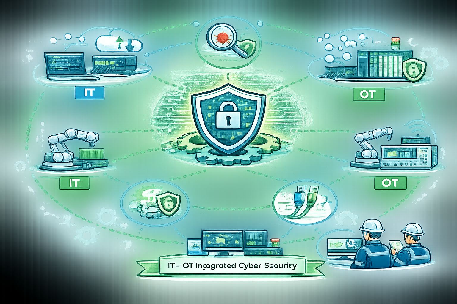 Cybersecurity analysts reviewing IT-OT network monitoring dashboards